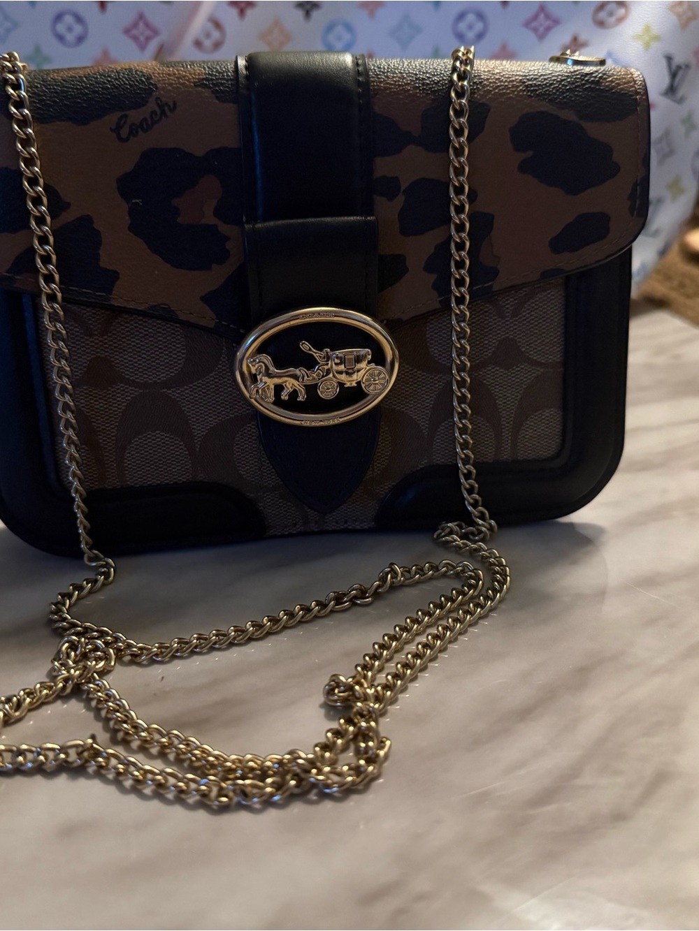 Rare Coach Leopard Print Signature Canvas Crossbody with Gold Hardware